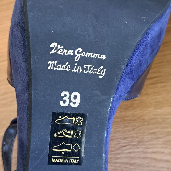 Vernissage Blue Suede Sandals Leather Slingback Heels Womens 9 US 39 EU T-Strap - Picture 7 of 14